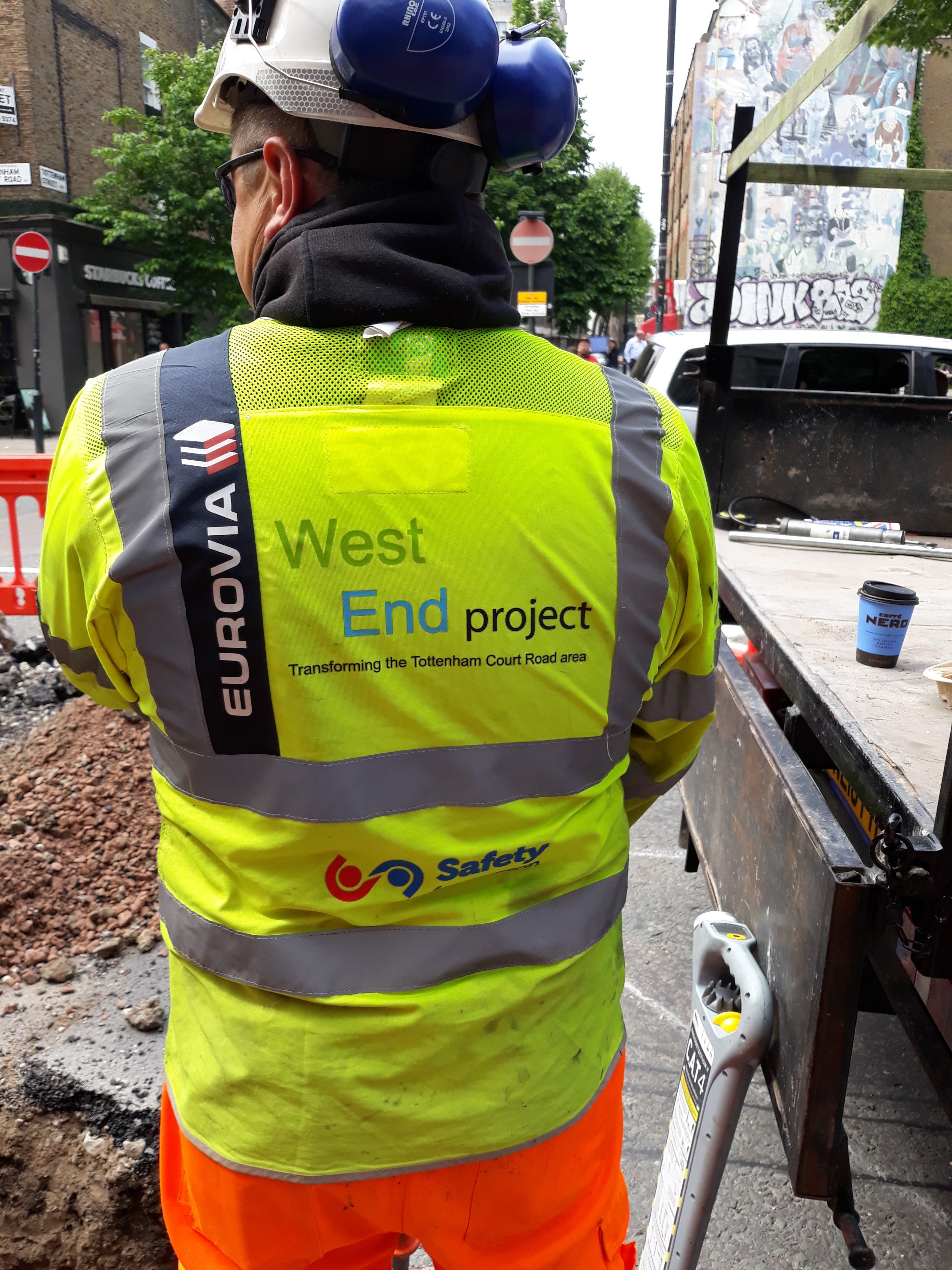 West End Project and Eurovia Logos on an operative's high vis vest