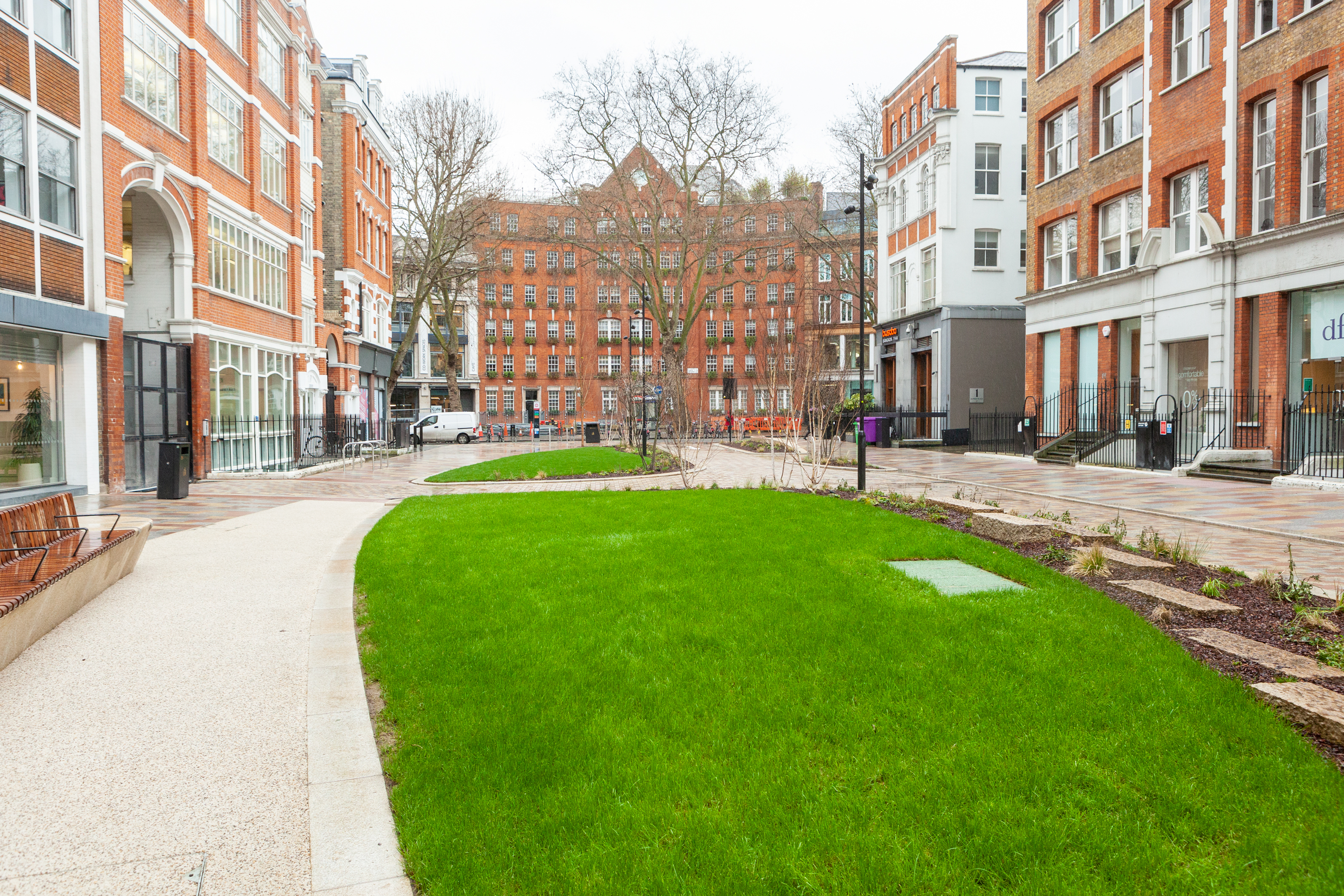 After: looking south towards Store Street shows two large green lawns