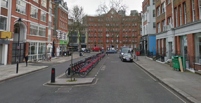 Before - Image looking towards Store Street shows a road with cycle parking