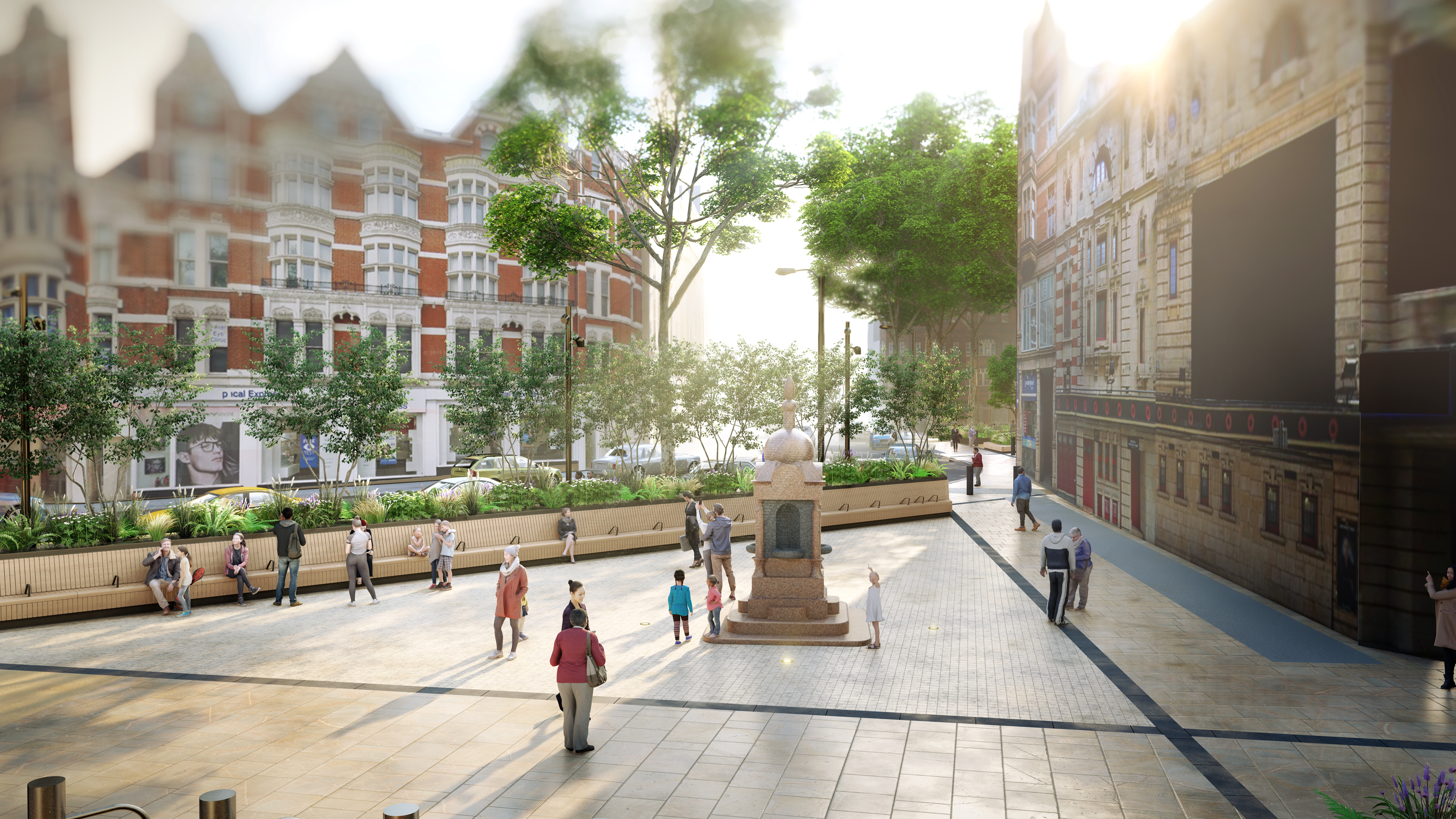 the southern area of PRinces Circus with new planting areas , benches and the restored fountain